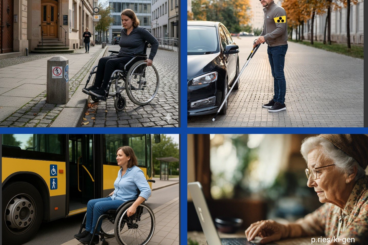 Barrieren: Ein Rollstuhlfahrerin vor einen Hydranten und B&uuml;rgersteig, Ein blinder, der vor einem Auto auf den Gehweg steht, eine Frau vor einem Bus wird nicht mitgenommen und ein &auml;lteres Ehepaar v&ouml;llig Ratlos vor einem PC.