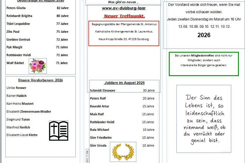 Flyer mit Geburtstage und Jubilare August 2026 und Infos.